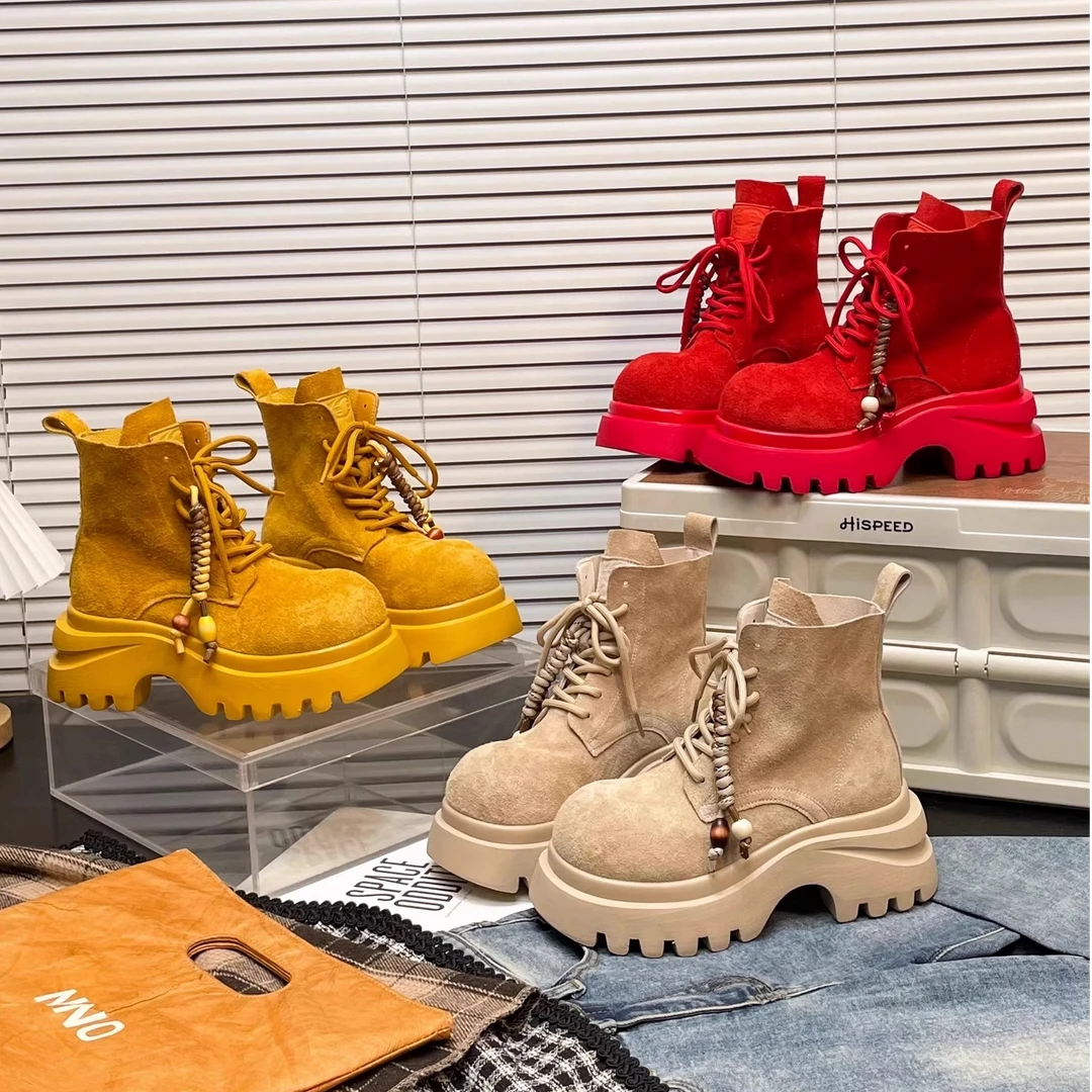小个子7cm磨砂皮大头马丁靴女2025早秋新款流苏机车靴短筒大黄靴