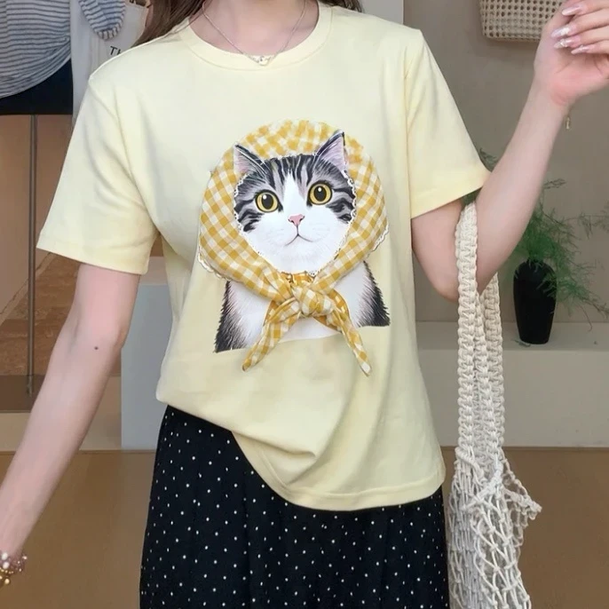韩系创意立体装饰设计感小猫图案短袖T恤女2025夏款圆领可爱上衣