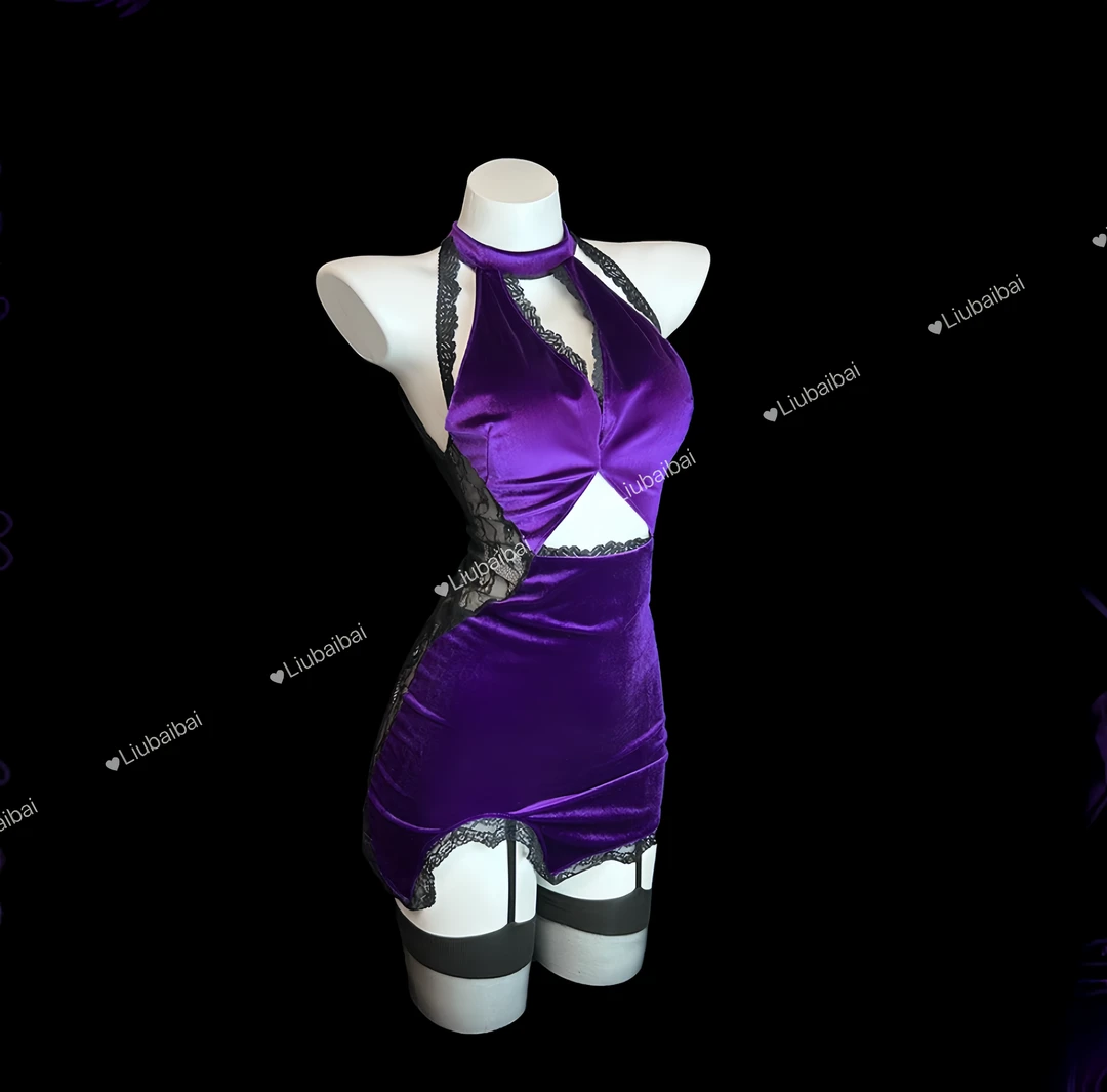 刘掰掰【紫色魅惑】纯欲风性感丝绒半身裙吊带国风露背蕾丝吊带睡衣