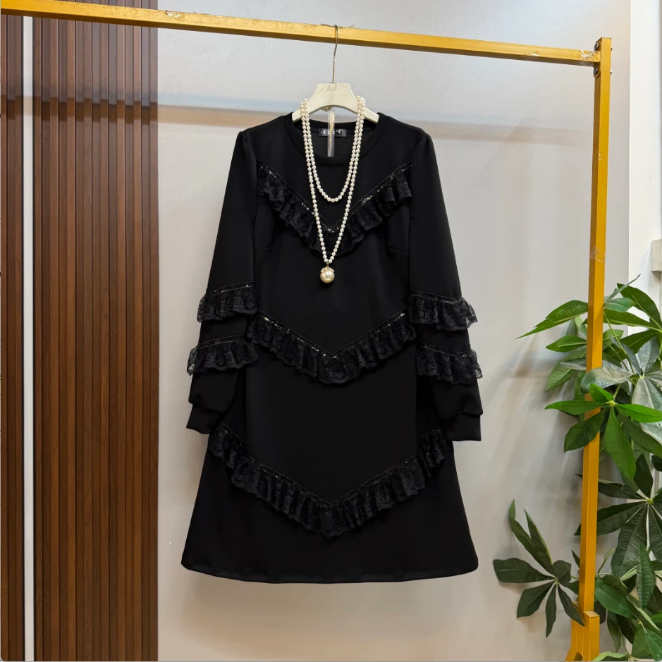 新款大码女装时尚休闲韩版宽松多层木耳花边设计优雅显瘦卫衣裙