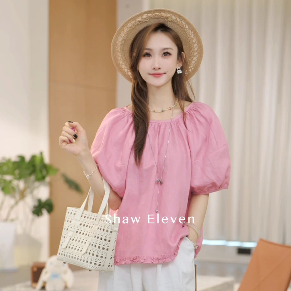 为你心动【ShawEleven】2025夏新法式圆领宽松舒适亚麻上衣M2585