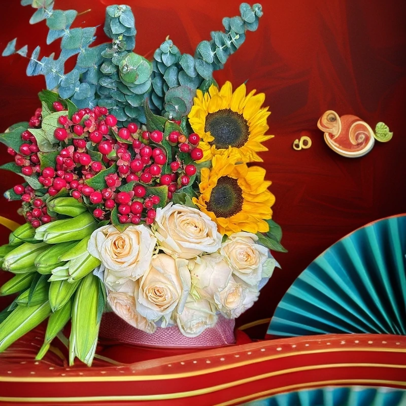 香槟玫瑰10枝+百合10个花苞+向日葵2枝+红豆1扎+配草1扎