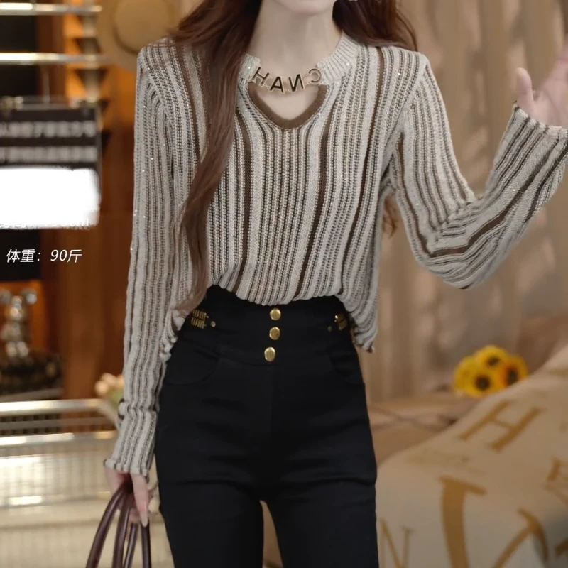 2025新款设计感韩版修身百搭坑条长袖套头针织上衣LK2506009
