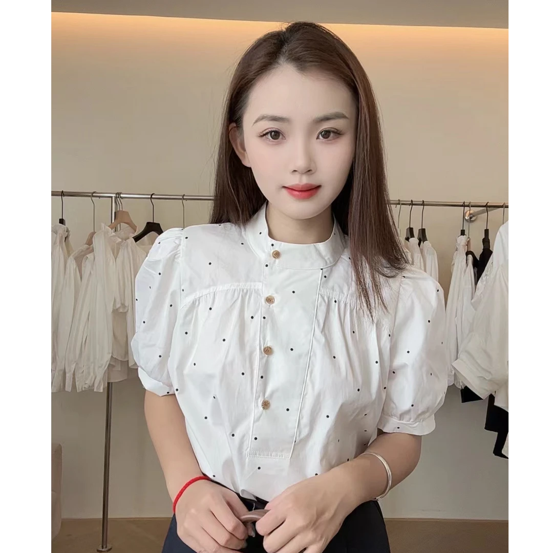 2025新款复古波点衬衫圆领灯笼袖女式衬衫