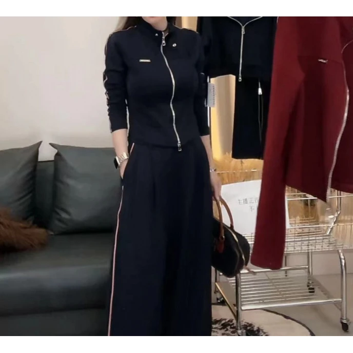 时尚套装女春秋高级感修身显瘦长袖条纹立领外套阔腿裤休闲两件套