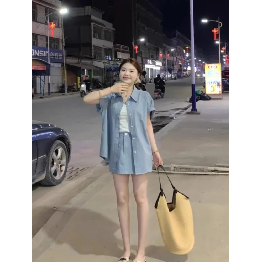 复古浅蓝时尚休闲套装女2025新款夏季百搭牛仔衬衫半身裙两件套