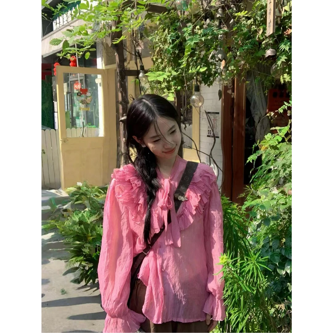 法式气质粉色防晒衬衫女夏装2025年新款小个子长袖荷叶边上衣