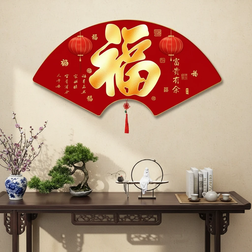 349-福字扇形装饰画客厅沙发背景墙玄关餐厅吉祥寓意挂画