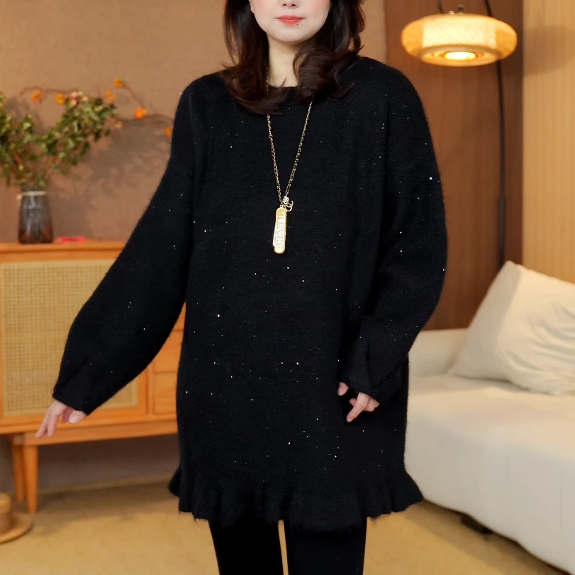 卓美优选秋冬新款宽松休闲圆领木耳花边洋气亮片款长袖毛衣女9275