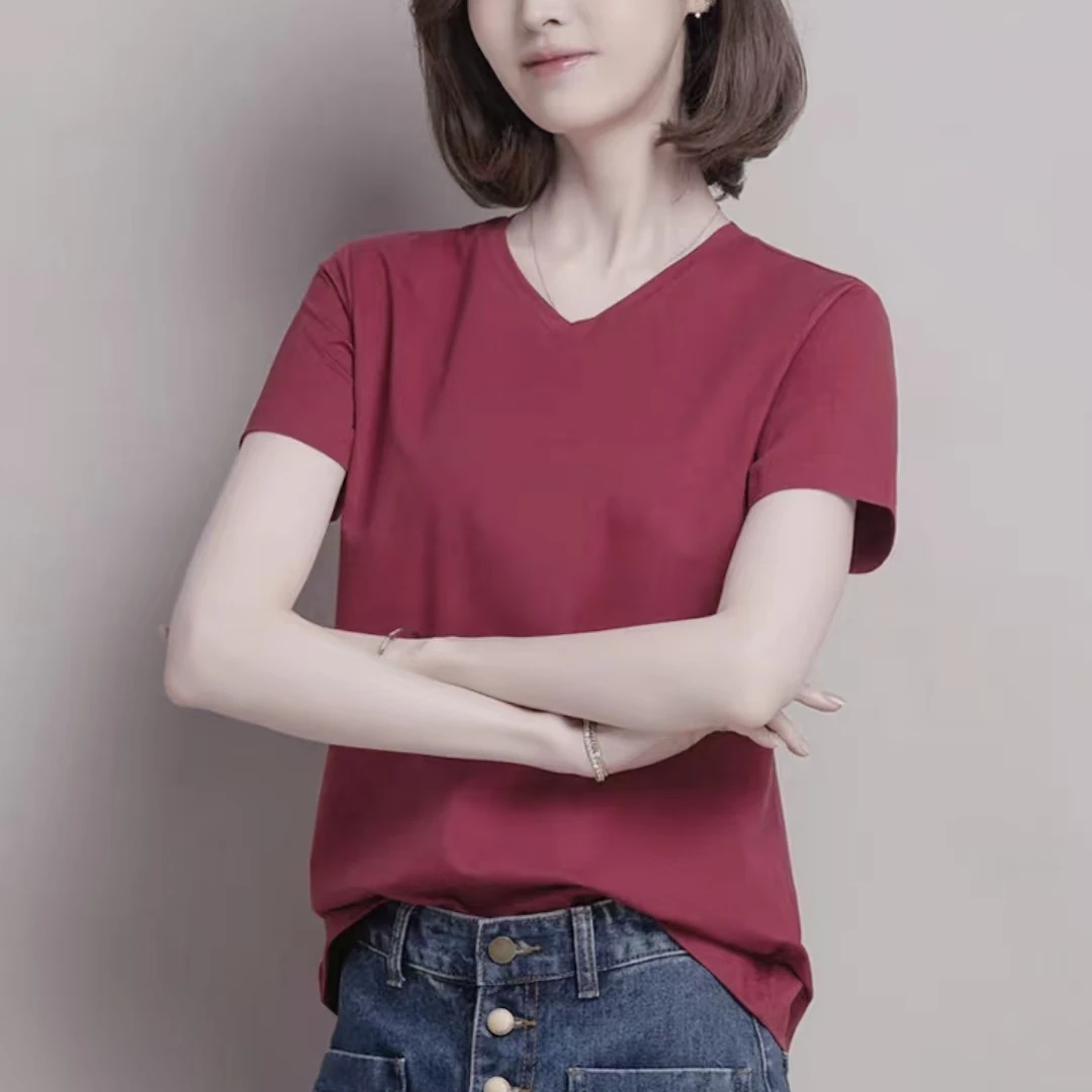 8334-男女加长莫代尔短袖（V领酒红）YE-8005