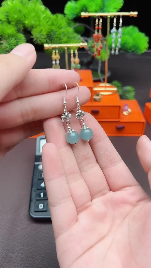 石英质玉（天山翠）银S925镶嵌耳饰237