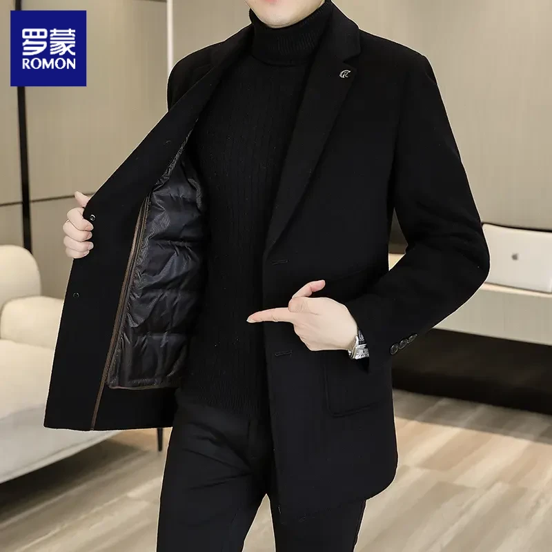 罗蒙冬季高端男士羊毛双面呢大衣中长款西装领毛呢羽绒风衣外套