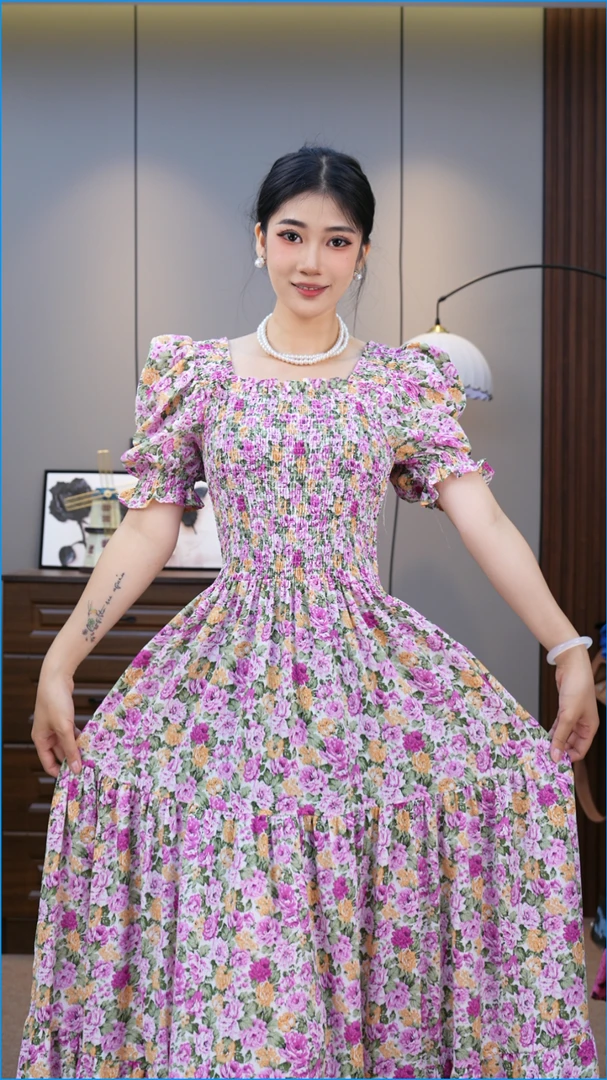 【804】新款气质收腰泡泡袖少女印花修身碎花连衣裙裙子长裙夏季