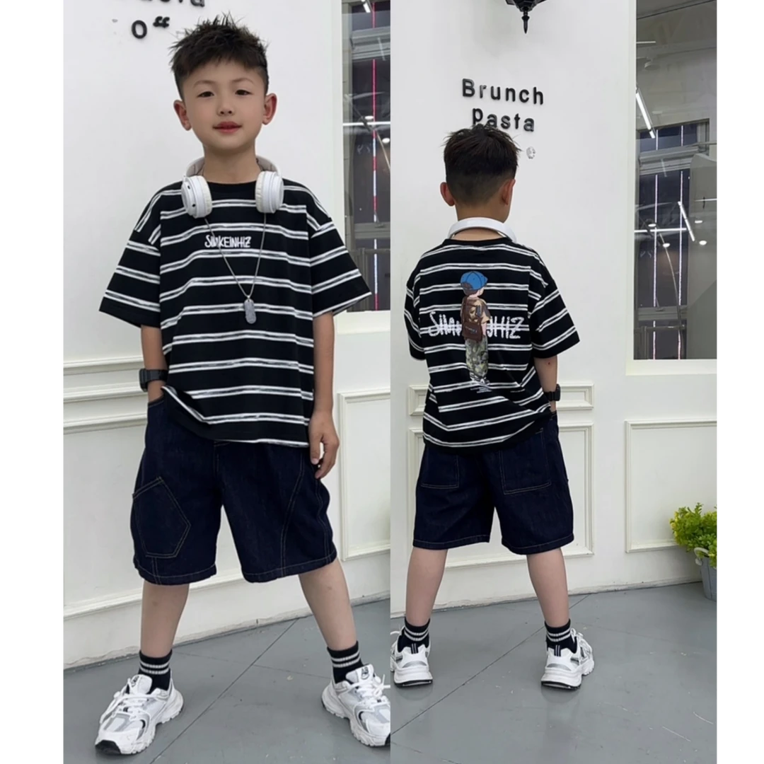 姐弟装夏季新款短袖条纹中大童儿童男童女童宽松T恤牛仔中裤套装