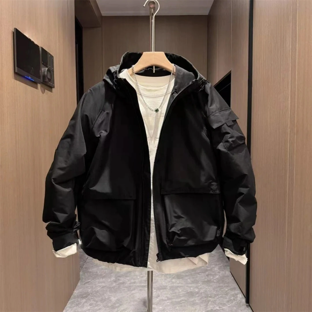 秋季新款连帽外套男士工装大口袋纯色夹克春秋季时尚百搭休闲外套