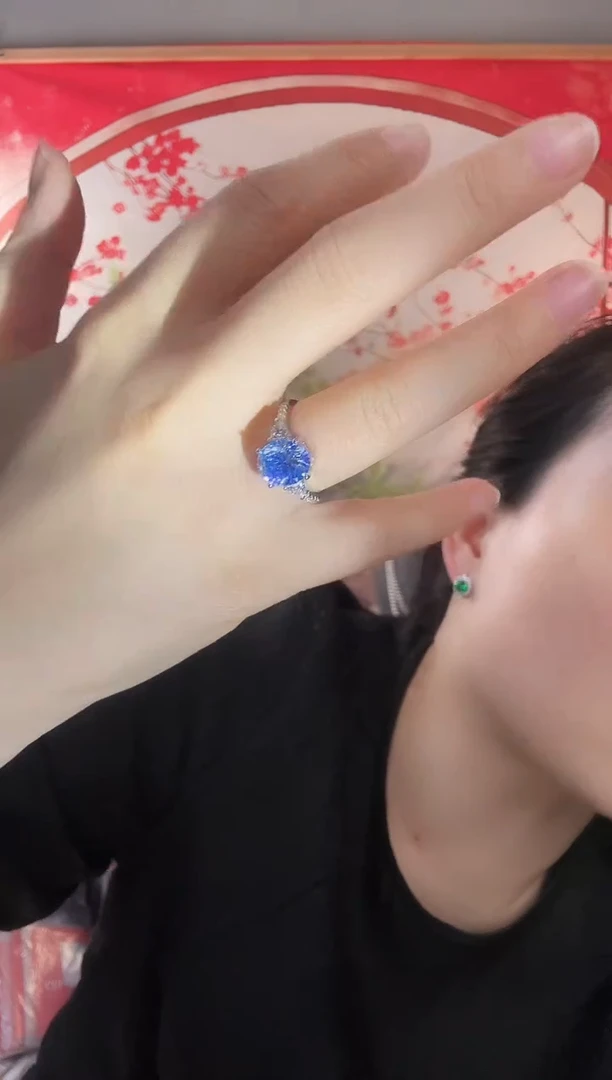 主播定制链接 蓝色椭圆戒指5ct 定制圈口