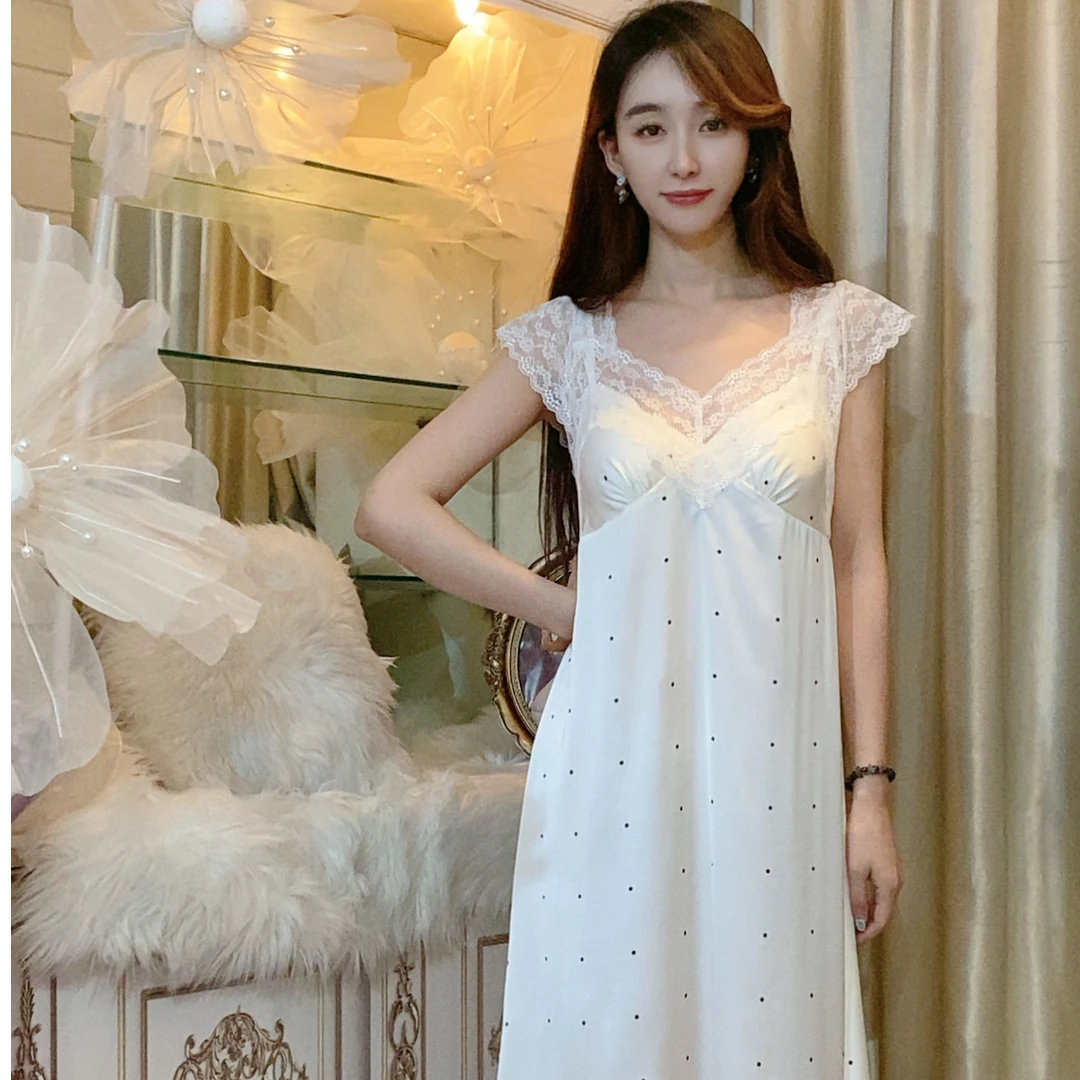 薄款法式吊带裙夏季中长裙白色纯色短袖甜美时尚睡裙