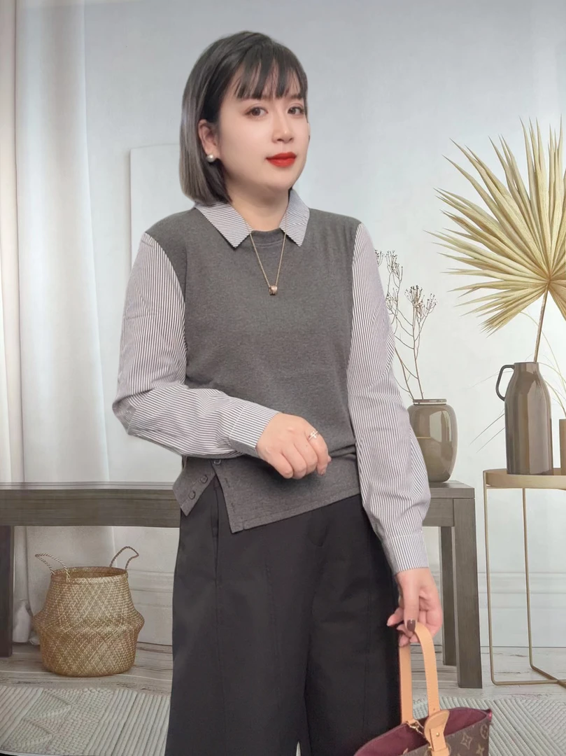 衬衫领假两件上衣休闲百搭设计感秋季J条纹拼接减龄显瘦T恤5531