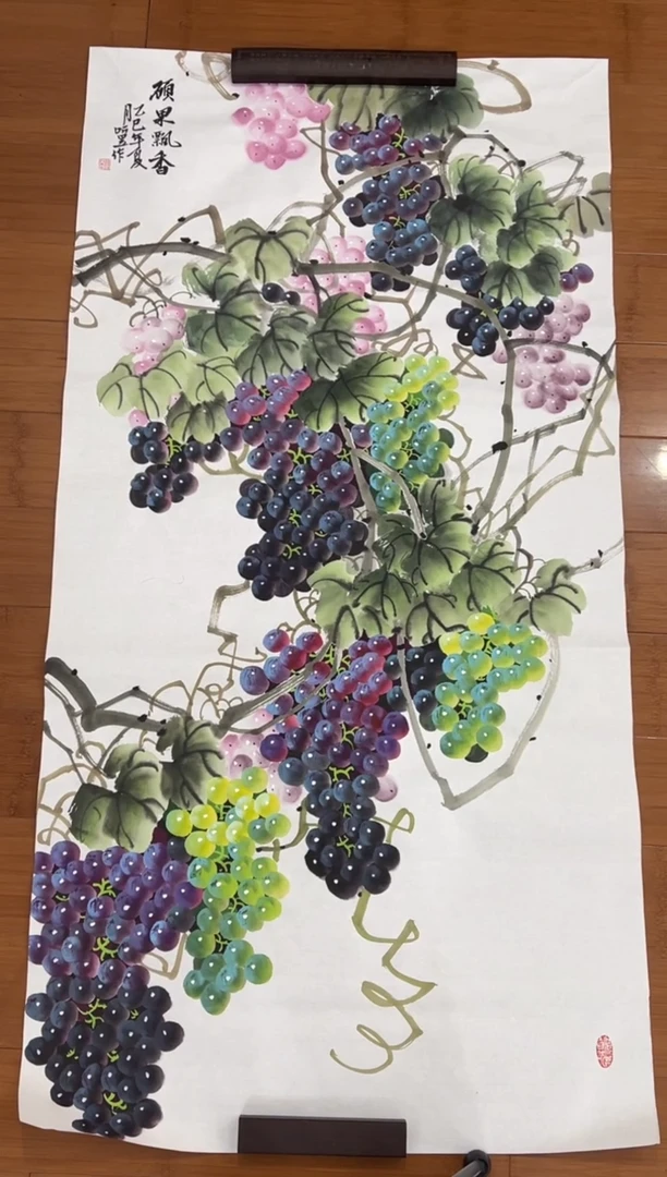 国画【直播福利，纯手工手绘】听昱葡萄竖版138*68