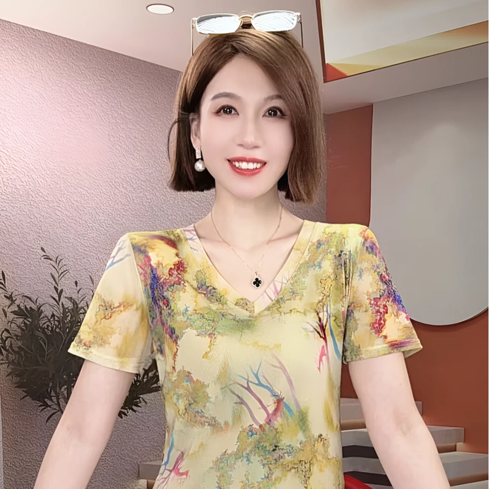 睿萌女装2025夏季新款V领短袖网纱弹力修身t恤正版洋气上衣打底女