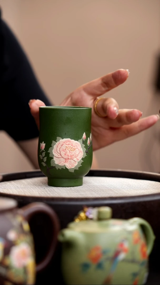 茶壶紫砂民国绿高身杯粉牡丹