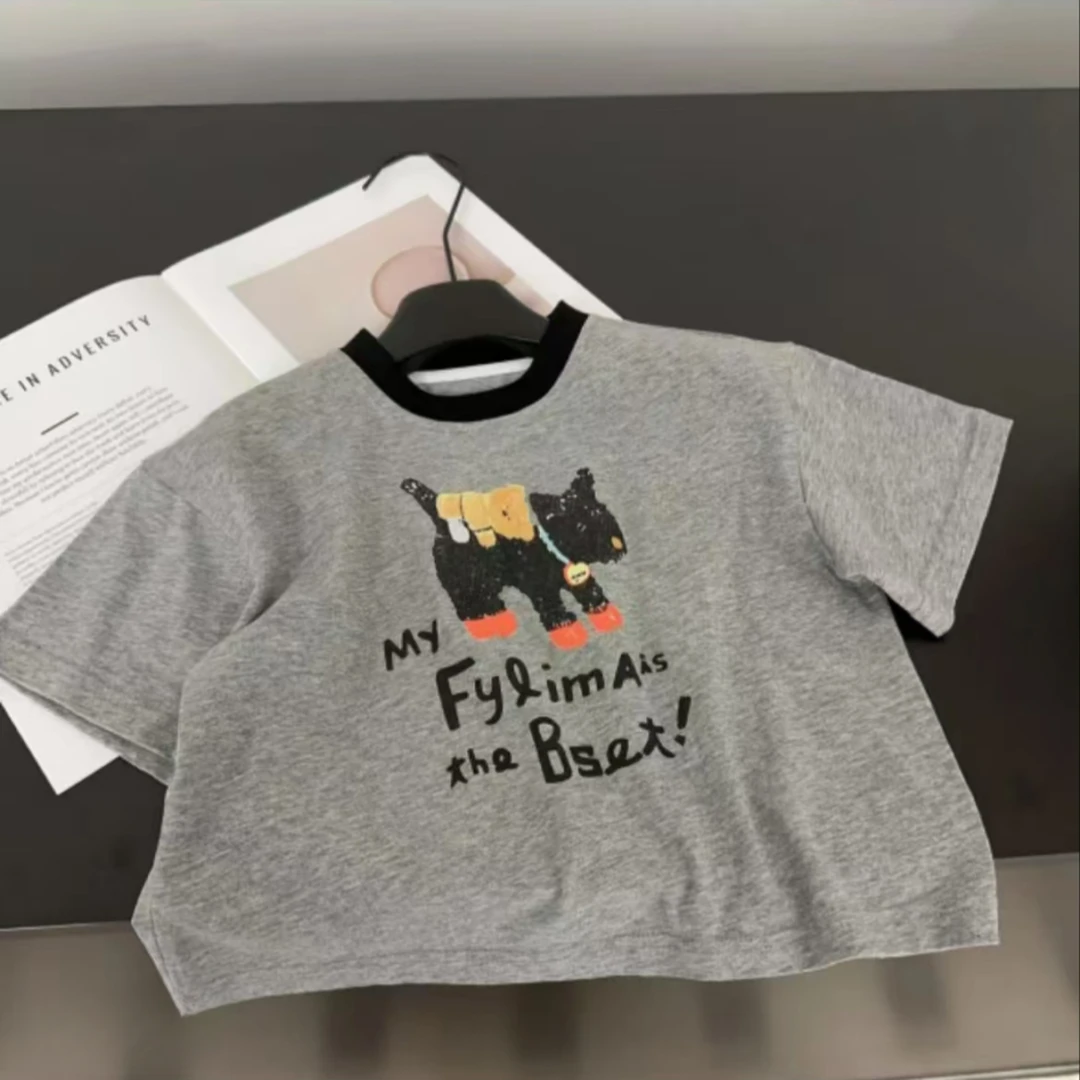 2025新款男童女童灰色短袖夏装圆领T恤拼色夏款春夏夏季卡通