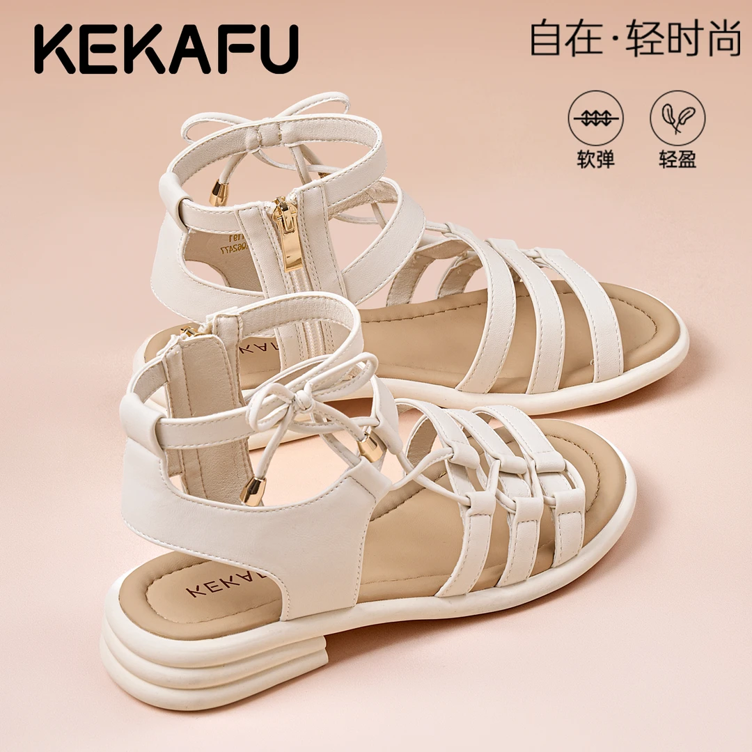 珂卡芙绑带凉鞋女款2025新款夏季蝴蝶结编织沙滩鞋软底罗马凉鞋子