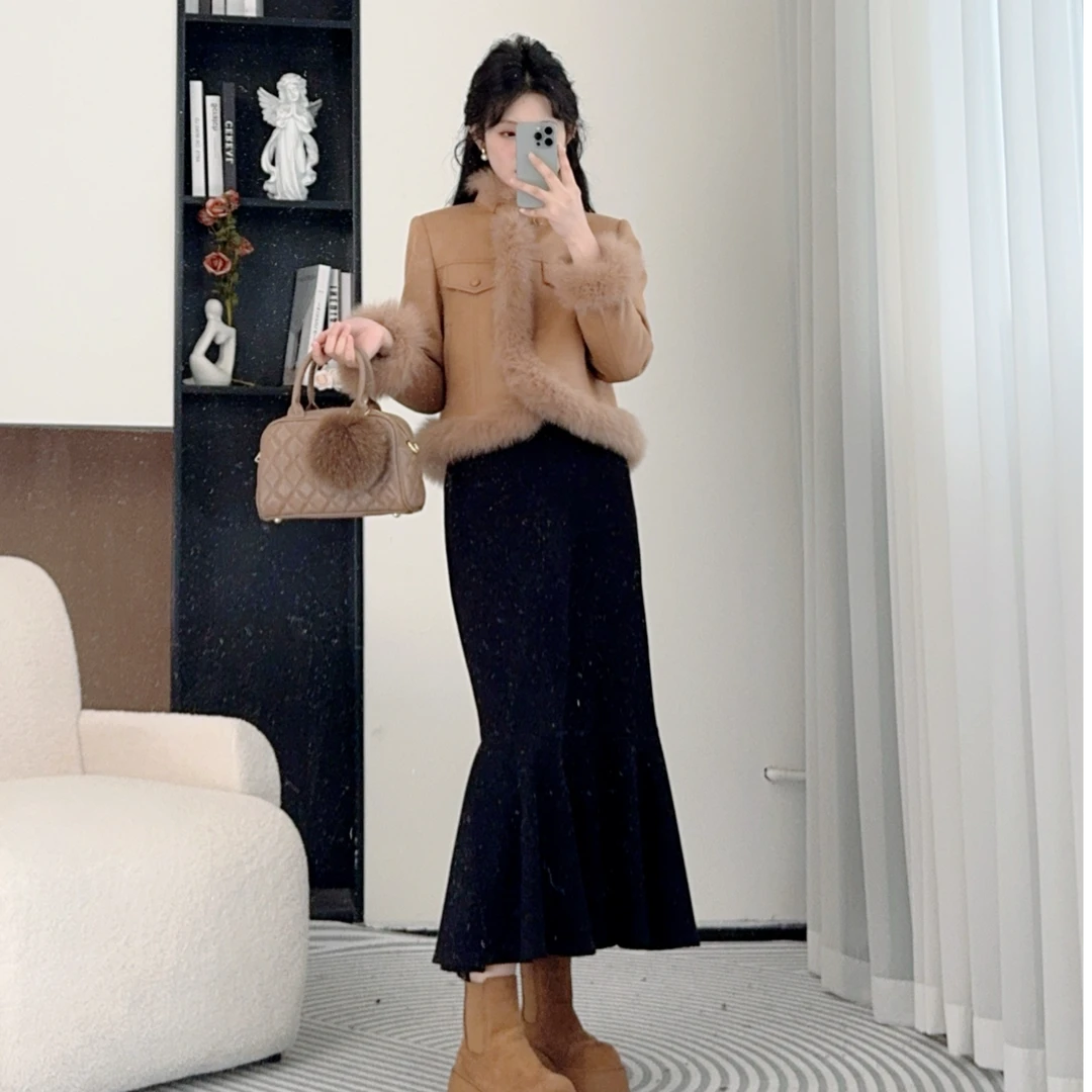 拉夏贝尔/25冬新气质百搭时尚白鸭绒羽绒外套+半身裙 10217 LHD