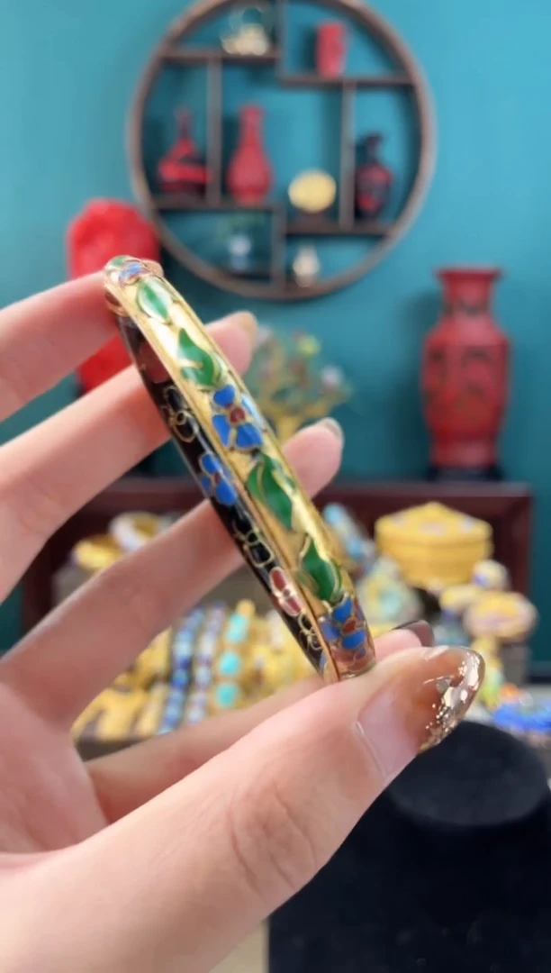 非遗手工景泰蓝金地开口镯子黑色