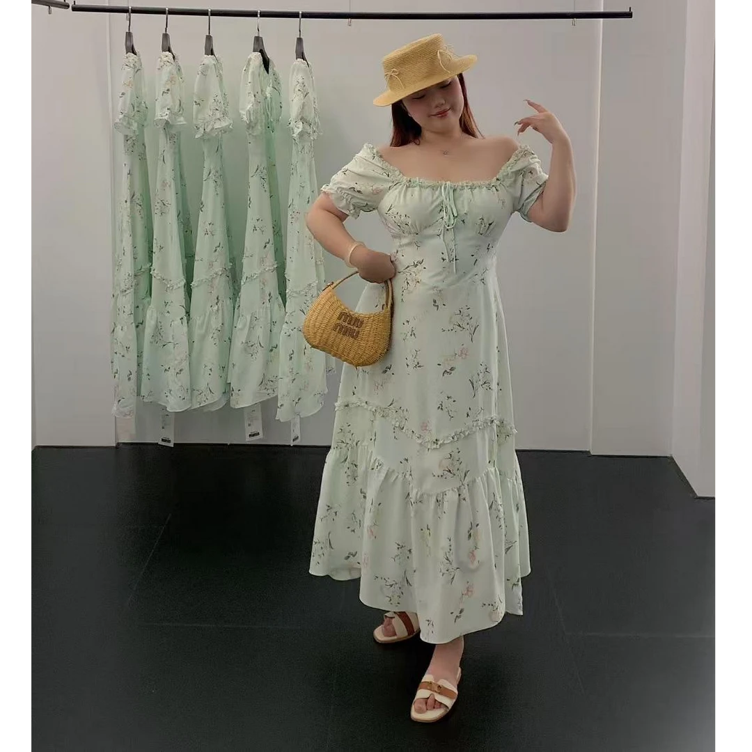 慧芝huizhi 薄荷奶绿 定制款 法式方领两穿收腰长款连衣裙