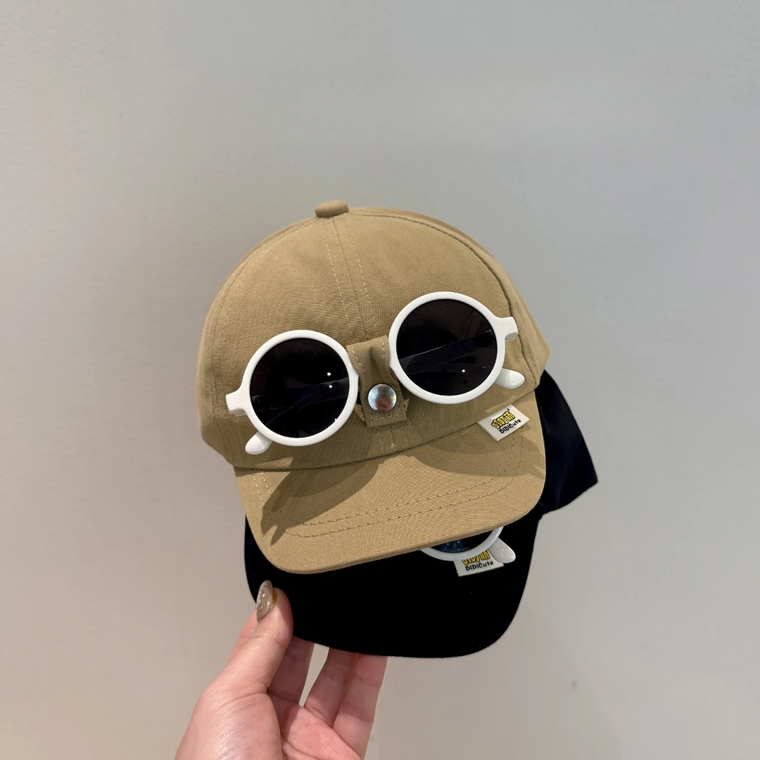 儿童鸭舌帽眼镜一体春夏季短檐出游遮阳防晒帽男女童凹造型棒球帽