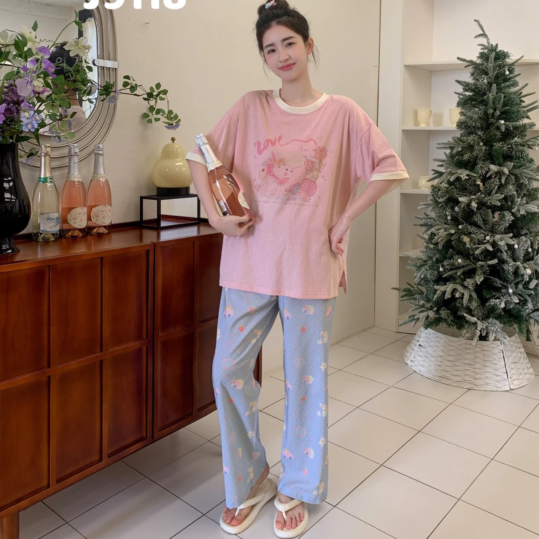 Miss juju布拉安妮女士短袖长裤夏季宽松休闲透气睡衣家居服套装