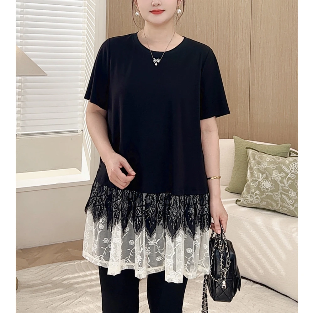 【珠缀双影】MsShe大码女装2025新夏拼接蕾丝下摆短袖T恤E2506035