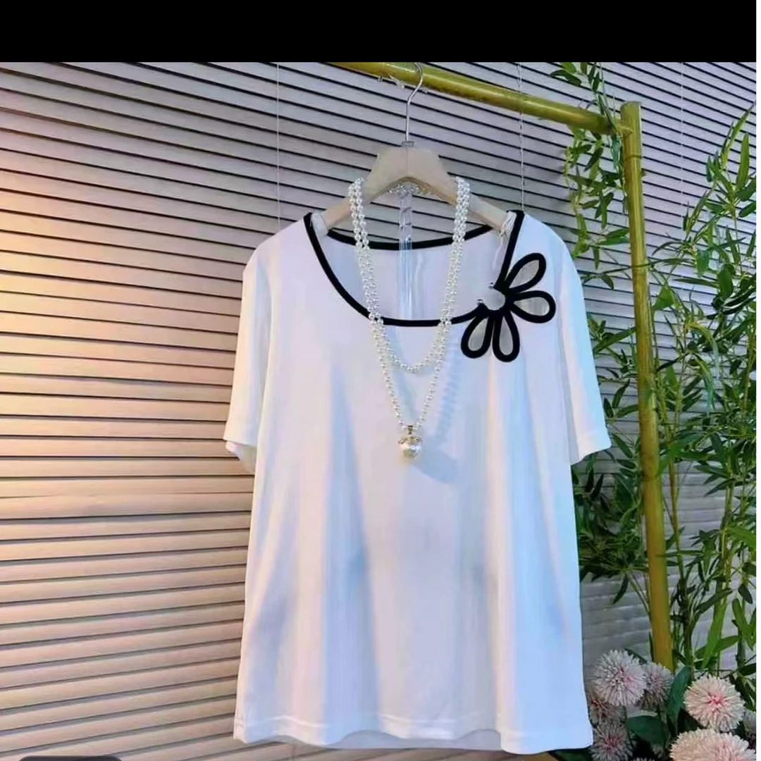 夏季新款减龄拼接大码圆领镂空花时尚减龄半袖