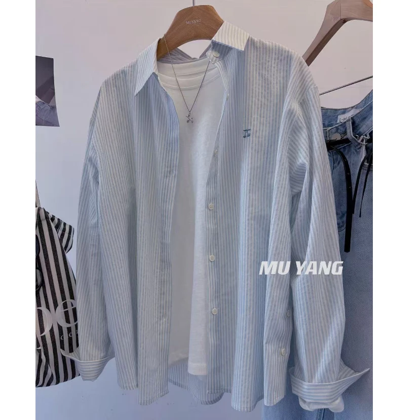 韩品蓝!樱桃刺绣 竖条纹淡蓝色衬衫 长袖棉衬衣女上衣