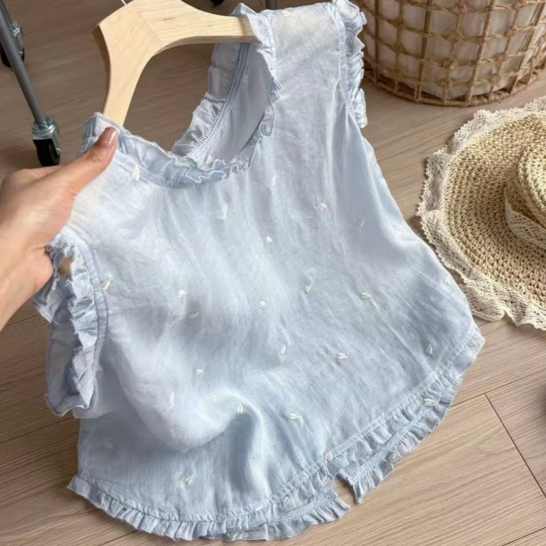 【刺绣爱心图案】2025夏季木耳韩版遮肉衬衫娃娃衫蓝色小衫文艺上衣