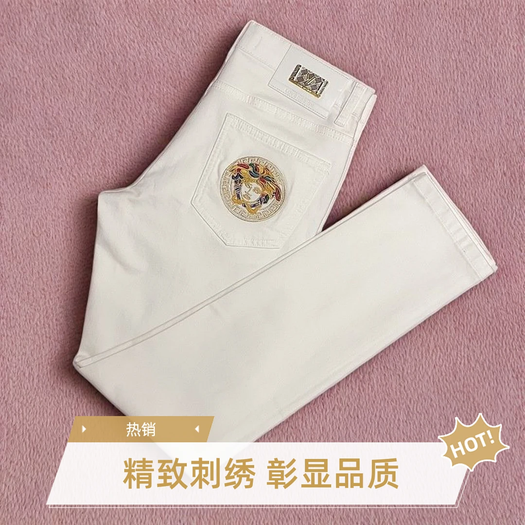 欧货高档四季款白色牛仔裤男款精致刺绣弹力修身时尚百搭潮流长裤