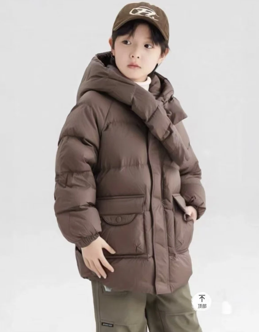 8905-童羽绒服咖色中长款连帽保暖羽绒服儿童