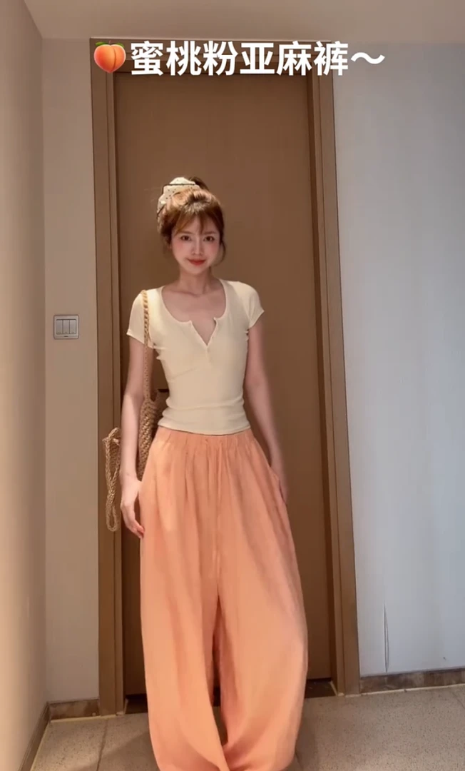 欧货2025夏季新款时髦百搭慵懒风舒适透气松紧腰直筒阔腿休闲长裤