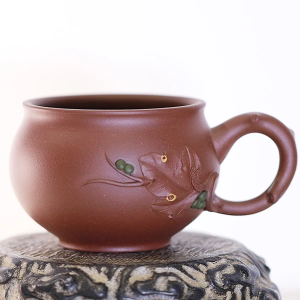 大号茶杯全手工品茗杯带单杯把枇杷功夫杯家用泡茶泥绘主人杯单杯