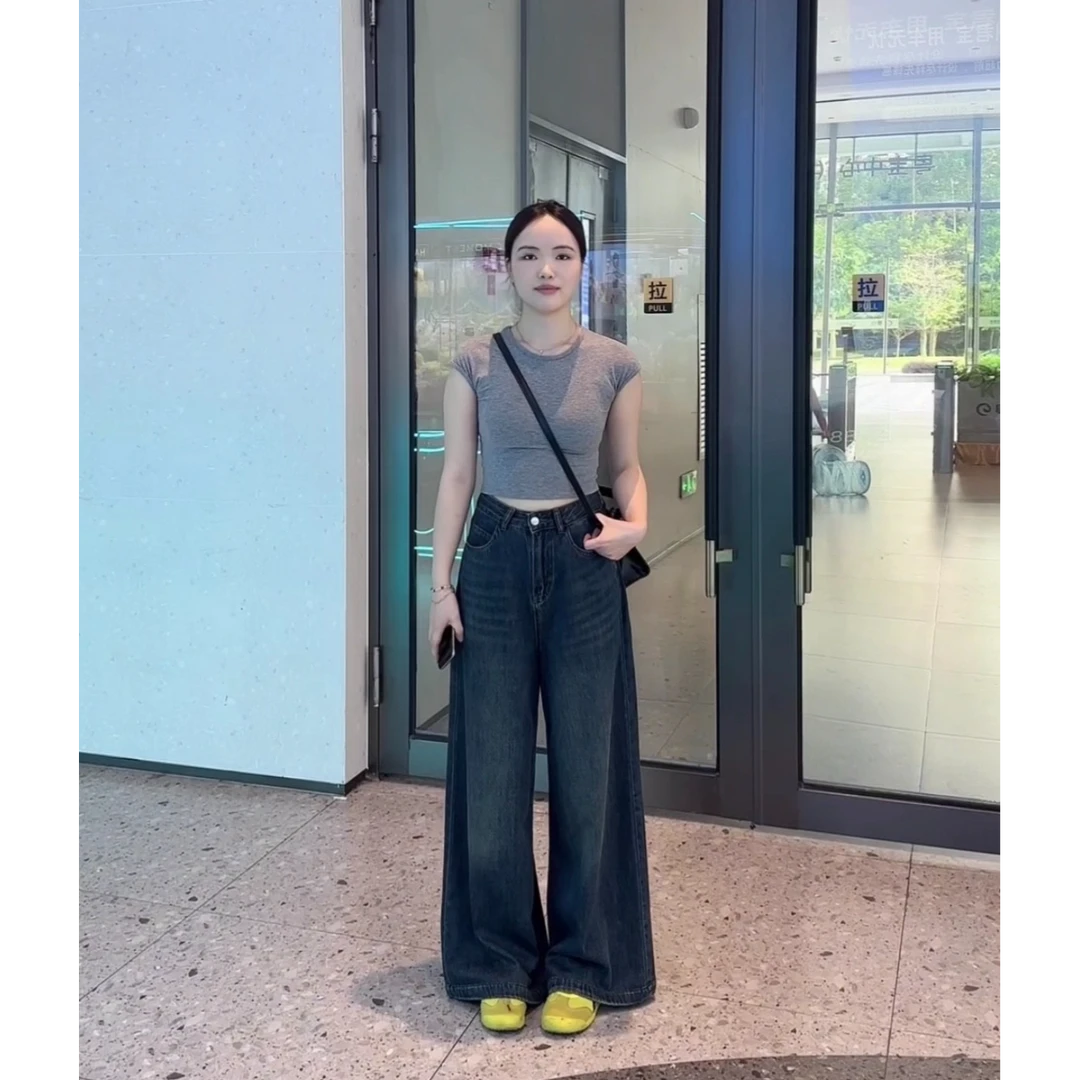 复古高腰显瘦阔腿拖地裤秋季牛仔裤宽松女显瘦垂感直筒拖地裤