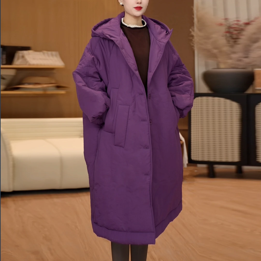2025时尚休闲连帽加棉长款棉服女冬季宽松保暖棉衣外套洋6784