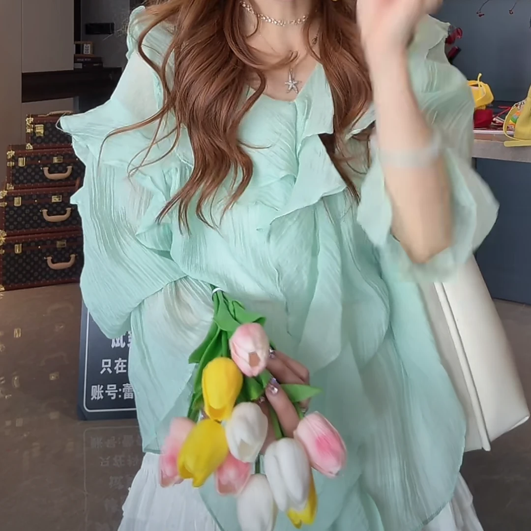 荷叶边韩版气质减龄衬衫女2025夏季新款设计感超好看上衣女