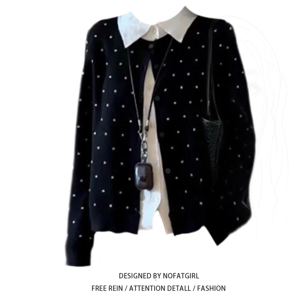 大码胖妹妹韩式复古波点假两件翻领针织衫女秋季学院风设计感上衣