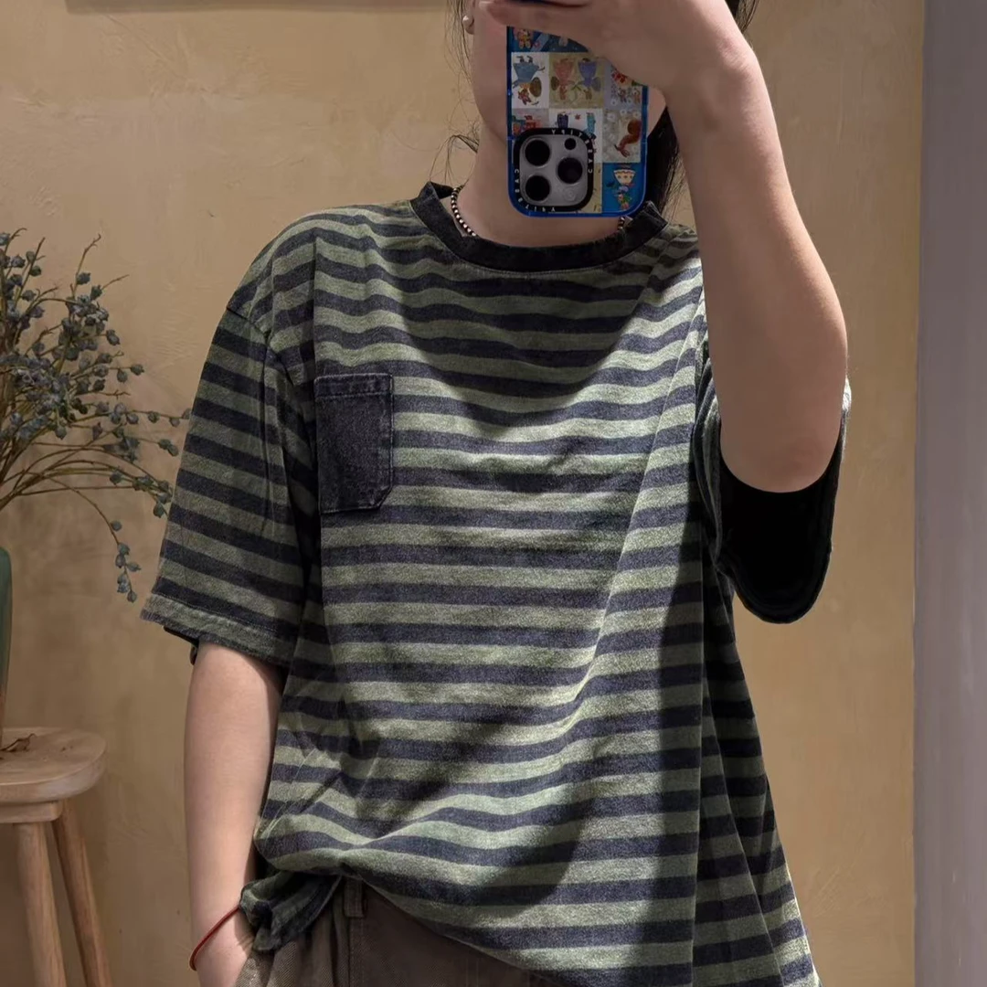 慵懒风原宿风时尚套装短袖打底宽松上衣针织圆领复古2597条纹T恤