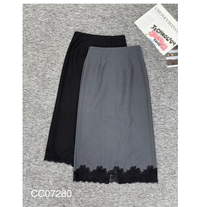 07280黑色纯色蕾丝中长款拼接半裙半身裙轻职风
