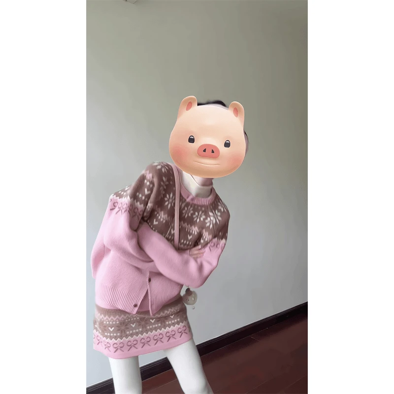 法式复古提花圆领长袖毛衣针织衫女秋冬松紧腰半身裙两件套针织衫