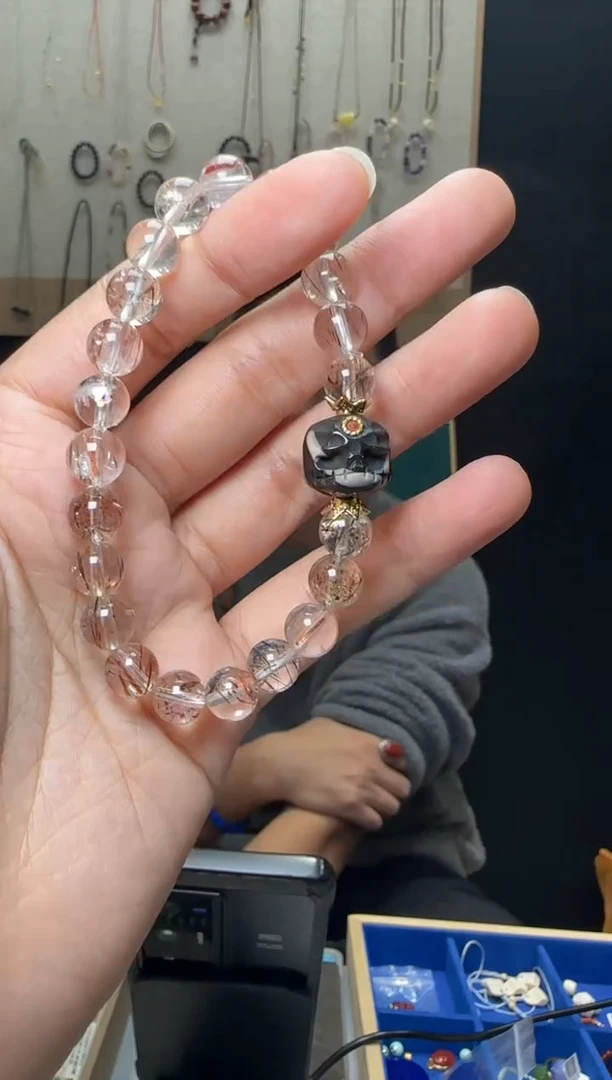 【闪购商品】水晶手串未镶嵌约8mm黑金超七圆珠单圈DIY阿呆