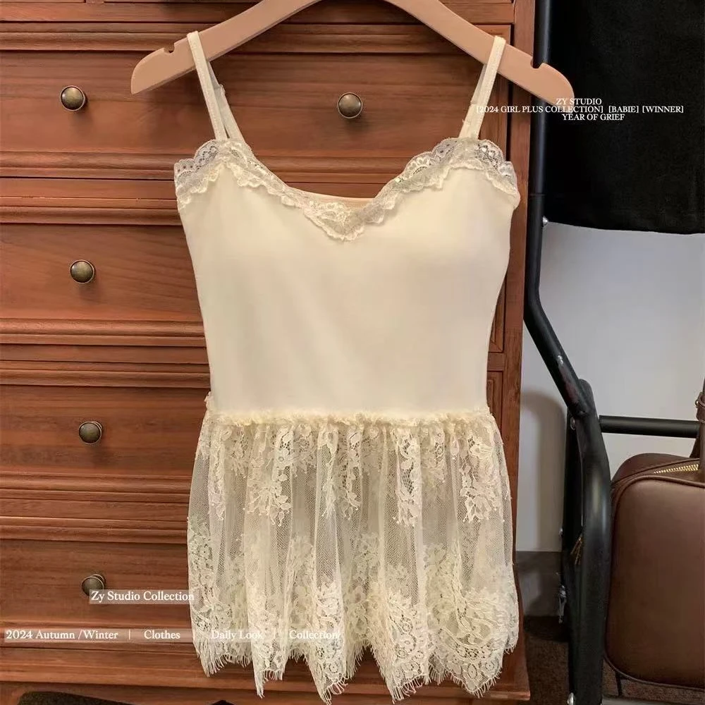 【冰冰】四季可穿氛围感网纱没美背拼接蕾丝小性感带胸垫吊带背心