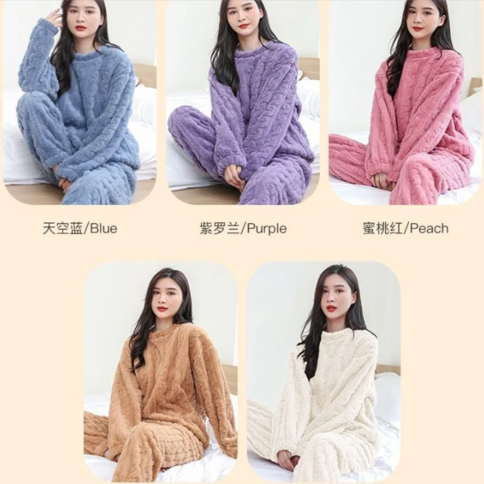 珊瑚绒睡衣女冬季加绒加厚提花长袖家居服两件套秋冬宽松暖暖套装